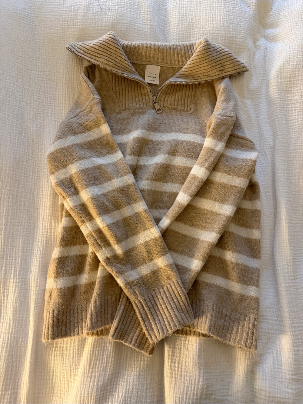 Everlane Tan and Cream Striped Half-Zip Turtleneck Sweater